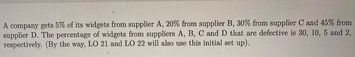 A company gets 5% of its widgets from supplier A, 20% from supplier B, 30% from supplier C and 45% from
supplier D. The percentage of widgets from suppliers A, B, C and D that are defective is 30, 10, 5 and 2,
respectively. (By the way, LO 21 and LO 22 will also use this initial set up).