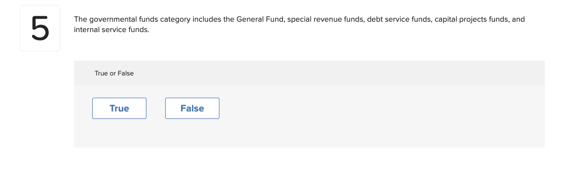 5
The governmental funds category includes the General Fund, special revenue funds, debt service funds, capital projects funds, and
internal service funds.
True or False
True
False