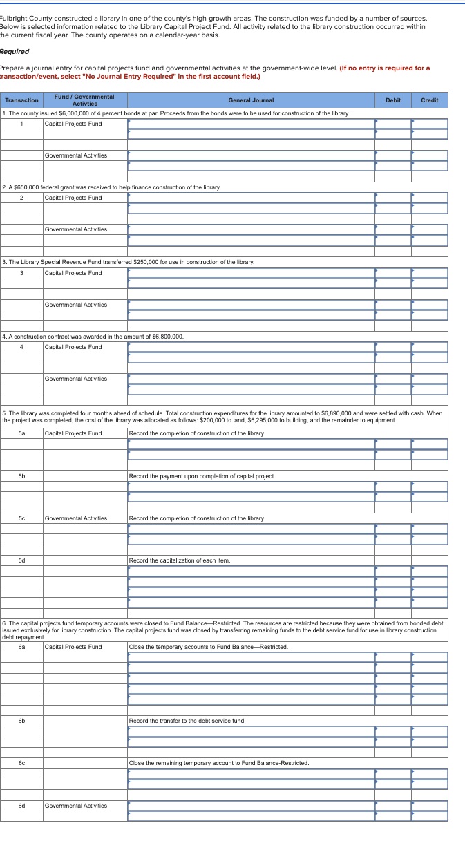 Fulbright County constructed a library in one of the county's high-growth areas. The construction was funded by a number of sources.
Below selected information related to the Library Capital Project Fund. All activity related to the library construction occurred within
the current fiscal year. The county operates on a calendar-year basis.
Required
Prepare a journal entry for capital projects fund and governmental activities at the government-wide level. (If no entry is required for a
transaction/event, select "No Journal Entry Required" in the first account field.)
Transaction
General Journal
1. The county issued $6,000,000 of 4 percent bonds at par. Proceeds from the bonds were to be used for construction of the library.
1
Capital Projects Fund
2. A $650,000 federal grant was received to help finance construction of the library.
2
Capital Projects Fund
3. The Library Special Revenue Fund transferred $250,000 for use in construction of the library
Capital Projects Fund
3
5b
Fund/ Governmental
Activties
5c
4. A construction contract was awarded in the amount of $6,800,000.
4
Capital Projects Fund
5d
Governmental Activities
6b
Governmental Activities
6c
5. The library was completed four months ahead of schedule. Total construction expenditures for the library amounted to $6,890,000 and were settled with cash. When
the project was completed, the cost of the library was allocated as follows: $200,000 to land, $6,295,000 to building, and the remainder to equipment.
5a
Capital Projects Fund
Record the completion of construction of the library.
6d
Governmental Activities
Governmental Activities
Governmental Activities
Record the payment upon completion of capital project.
Governmental Activities
Record the completion of construction of the library.
6. The capital projects fund temporary accounts were closed to Fund Balance-Restricted. The resources are restricted because they were obtained from bonded debt
issued exclusively for library construction. The capital projects fund was closed by transferring remaining funds to the debt service fund for use in library construction
debt repayment.
6a
Capital Projects Fund
Close the temporary accounts to Fund Balance-Restricted.
Record the capitalization of each item.
Debit
Record the transfer to the debt service fund.
Credit
Close the remaining temporary account to Fund Balance-Restricted.