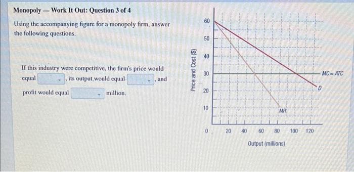 Monopoly- Work It Out: Question 3 of 4
Using the accompanying figure for a monopoly firm, answer
the following questions.
If this industry were competitive, the firm's price would
equal
its output would equal.
and
profit would equal
million.
Price and Cost (S)
60
50
40
20
10
0 20
40
MR
60 80
Output (millions)
100
120
MCATC