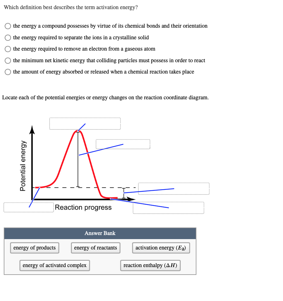 Which definition best describes the term activation energy?
the energy a compound possesses by virtue of its chemical bonds and their orientation
the energy required to separate the ions in a crystalline solid
the energy required to remove an electron from a gaseous atom
the minimum net kinetic energy that colliding particles must possess in order to react
the amount of energy absorbed or released when a chemical reaction takes place
Locate each of the potential energies or energy changes on the reaction coordinate diagram.
Reaction progress
Answer Bank
energy of products
energy of reactants
activation energy (Ea)
energy of activated complex
reaction enthalpy (AH)
Potential energy
