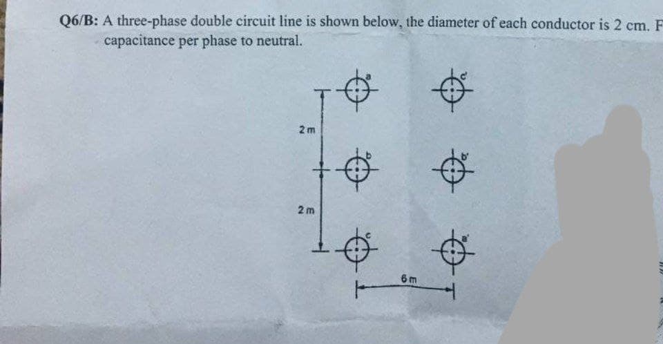 Q6/B: A three-phase double circuit line is shown below, the diameter of each conductor is 2 cm. F
capacitance per phase to neutral.
2m
2 m
6m
