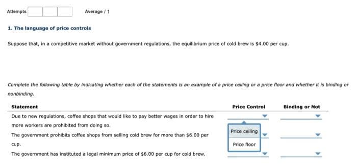 Attempts
Average / 1
1. The language of price controls
Suppose that, in a competitive market without government regulations, the equilibrium price of cold brew is $4.00 per cup.
Complete the following table by indicating whether each of the statements is an example of a price celling or a price floor and whether it is binding or
nonbinding.
Statement
Due to new regulations, coffee shops that would like to pay better wages in order to hire
more workers are prohibited from doing so.
The government prohibits coffee shops from selling cold brew for more than $6.00 per
cup.
The government has instituted a legal minimum price of $6.00 per cup for cold brew.
Price Control
Price ceiling
Price floor
Binding or Not