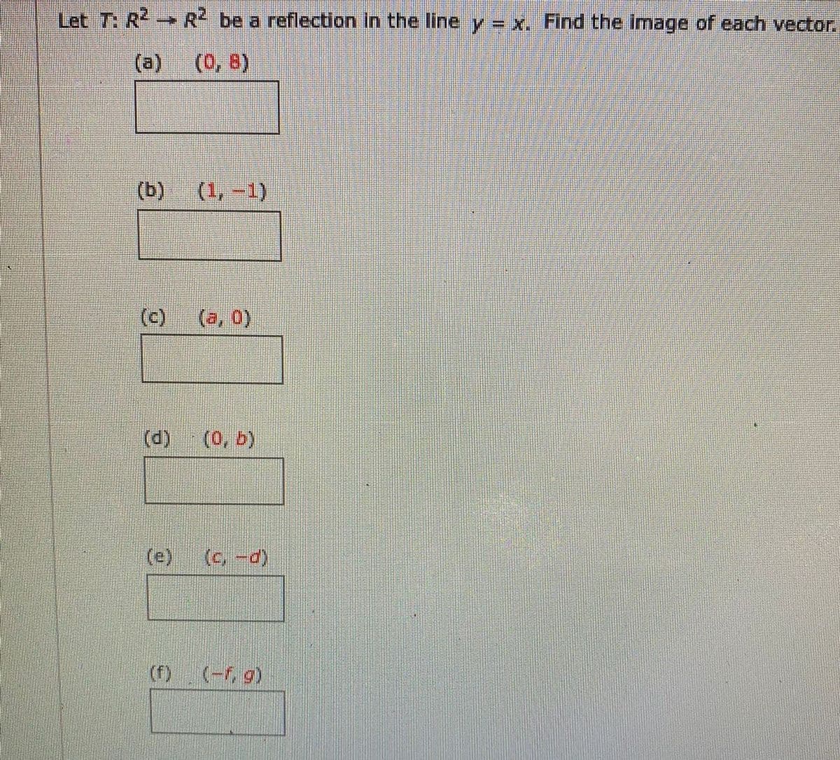 Let T: R R be a reflection in the line y = x. Find the image of each vector.
(a)
(0, 8)
(b)
(1,-1)
(c)
(a, 0)
(d)
(0, b)
(e)
(c,-d)
(f)
(-r, g)
