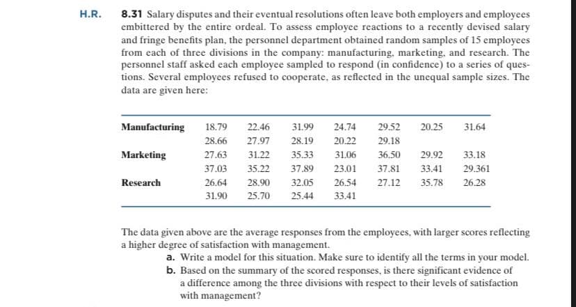 H.R.
8.31 Salary disputes and their eventual resolutions often leave both employers and employees
embittered by the entire ordeal. To assess employee reactions to a recently devised salary
and fringe benefits plan, the personnel department obtained random samples of 15 employees
from each of three divisions in the company: manufacturing, marketing, and research. The
personnel staff asked each employee sampled to respond (in confidence) to a series of ques-
tions. Several employees refused to cooperate, as reflected in the unequal sample sizes. The
data are given here:
Manufacturing
18.79
22.46
31.99
24.74
29.52
20.25
31.64
28.66
27.97
28.19
20.22
29.18
Marketing
27.63
31.22
35.33
31.06
36.50
29.92
33.18
37.03
35.22
37.89
23.01
37.81
33.41
29.361
Research
26.64
28.90
32.05
26.54
27.12
35.78
26.28
31.90
25.70
25.44
33.41
The data given above are the average responses from the employees, with larger scores reflecting
a higher degree of satisfaction with management.
a. Write a model for this situation. Make sure to identify all the terms in your model.
b. Based on the summary of the scored responses, is there significant evidence of
a difference among the three divisions with respect to their levels of satisfaction
with management?
