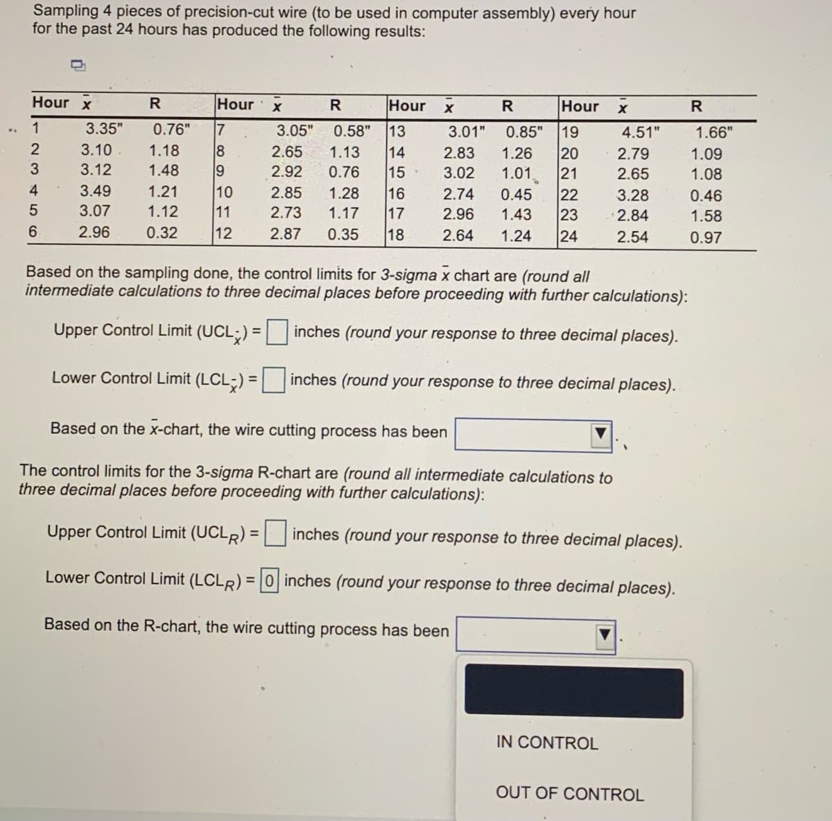 Sampling 4 pieces of precision-cut wire (to be used in computer assembly) every hour
for the past 24 hours has produced the following results:
Hour x
R
Hour
Hour
Hour
R
1
3.35"
0.76"
3.05"
0.58"
13
3.01"
0.85"
19
4.51"
1.66"
8
9
3.10
1.18
2.65
1.13
14
15
16
17
2.83
1.26
20
21
22
23
24
2.79
1.09
3
3.12
1.48
2.92
0.76
3.02
1.01
2.65
1.08
4
3.49
10
11
12
1.21
2.85
1.28
2.74
0.45
3.28
0.46
5
3.07
1.12
2.73
1.17
2.96
1.43
2.84
1.58
6.
2.96
0.32
2.87
0.35
18
2.64
1.24
2.54
0.97
Based on the sampling done, the control limits for 3-sigma x chart are (round all
intermediate calculations to three decimal places before proceeding with further calculations):
Upper Control Limit (UCL;) = inches (round your response to three decimal places).
Lower Control Limit (LCL;) = |
inches (round your response to three decimal places).
%3D
Based on the x-chart, the wire cutting process has been
The control limits for the 3-sigma R-chart are (round all intermediate calculations to
three decimal places before proceeding with further calculations):
Upper Control Limit (UCLR) = inches (round your response to three decimal places).
Lower Control Limit (LCLR) =0 inches (round your response to three decimal places).
Based on the R-chart, the wire cutting process has been
IN CONTROL
OUT OF CONTROL
