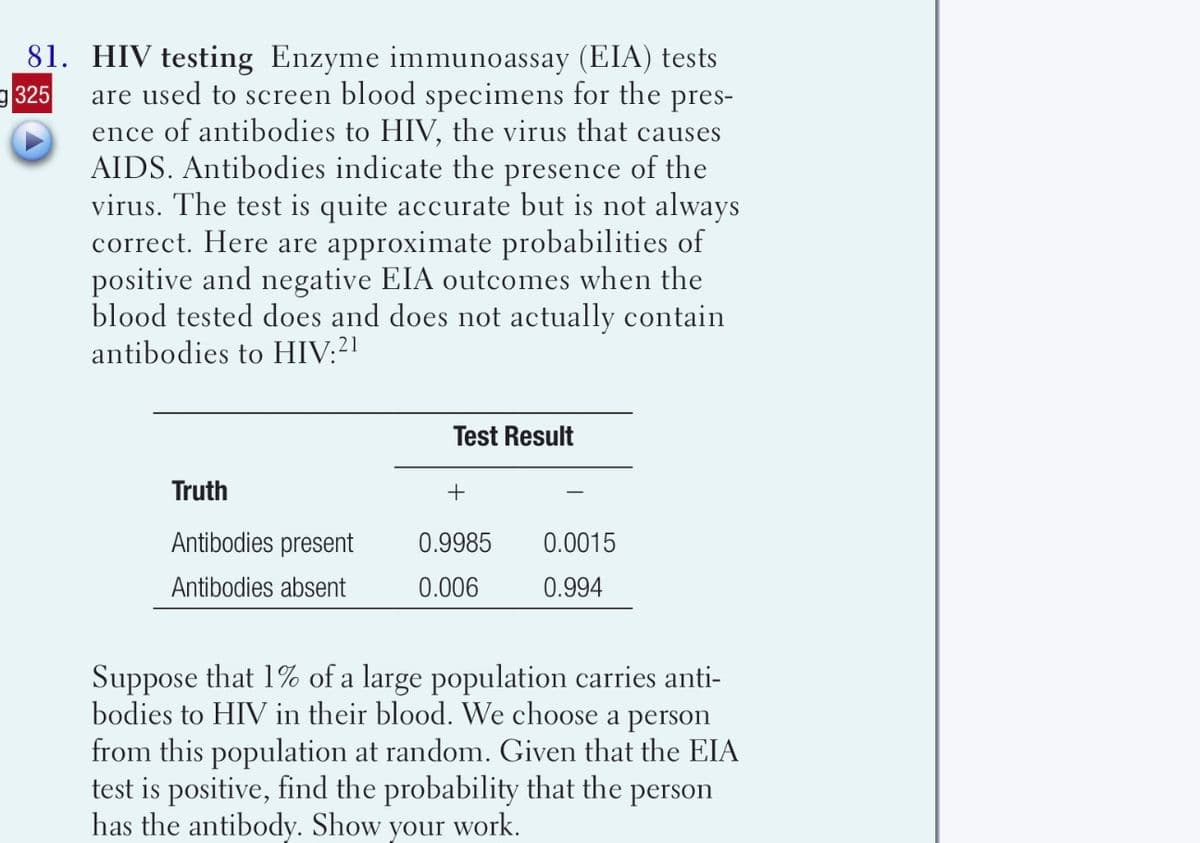 81. HIV testing Enzyme immunoassay (EIA) tests
are used to screen blood specimens for the pres-
ence of antibodies to HIV, the virus that causes
AIDS. Antibodies indicate the presence of the
virus. The test is quite accurate but is not always
correct. Here are approximate probabilities of
positive and negative EIA outcomes when the
blood tested does and does not actually contain
antibodies to HIV:21
g325
Test Result
Truth
Antibodies present
0.9985
0.0015
Antibodies absent
0.006
0.994
Suppose that 1% of a large population carries anti-
bodies to HIV in their blood. We choose a person
from this population at random. Given that the EIA
test is positive, find the probability that the person
has the antibody. Show your work.
