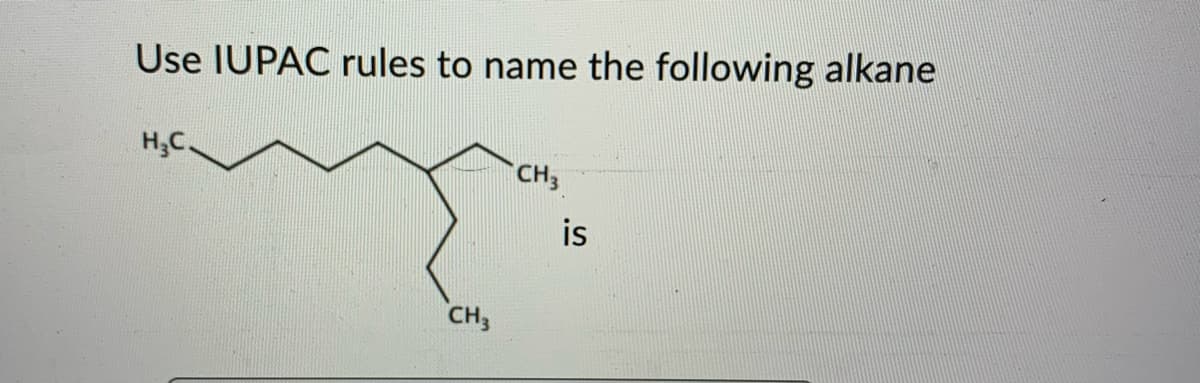 **Title: Naming Alkanes with IUPAC Rules**

**Introduction:**
In organic chemistry, the International Union of Pure and Applied Chemistry (IUPAC) nomenclature provides a systematic method for naming chemical compounds. This section will help you understand how to use IUPAC rules to name alkanes.

**Image Description:**
You are given an alkane structure and asked to name it using IUPAC rules. 

**Structural Diagram Analysis:**
The molecular structure in the image is composed of a chain of carbon atoms bonded in a specific arrangement. The longest continuous chain needs to be identified to determine the base name, and the branches (substituents) and their positions need to be specified.

**Step-by-Step Naming Process:**

1. **Identify the Longest Carbon Chain:**
   Examine the alkane to find the longest continuous chain of carbon atoms. This will determine the base name of the alkane. In the given structure, the longest chain has 8 carbon atoms.

2. **Number the Carbon Atoms:**
   Number the carbons in the longest chain from the end nearest to a substituent to minimize the position numbers of the branches. The numbering can also depend on the location of substituents leading to the smallest possible overall numbers.

3. **Identify and Name the Substituents:**
   Identify the groups attached to the longest chain (substituents) and their respective positions. In this structure, there are two methyl groups (CH₃) attached.

4. **Assign Numbers to Substituents:**
   Determine the positions of the substituents on the main chain. Number the chain from the end closest to the first substituent. The given structure has methyl groups positioned at carbon 3 and carbon 4.

5. **Construct the Name:**
   Combine the substituent names and their positions with the base name of the longest chain. Use alphabetical order if multiple different substituents are present. For this structure, both substituents are methyl groups, so the name is “3,4-dimethyloctane”.

**Conclusion:**
Using the IUPAC naming rules, the name of the alkane in the given structure is **3,4-dimethyloctane**.

By following this systematic approach, you can accurately name alkanes and other organic compounds according to IUPAC standards.