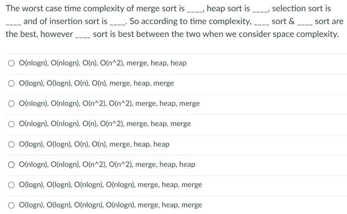 The worst case time complexity of merge sort is heap sort is
selection sort is
and of insertion sort is So according to time complexity,.
sort & sort are
the best, however sort is best between the two when we consider space complexity.
O Olnlogn), O(nlogn), O(n), O(n^2), merge, heap, heap
O(logn), O(logn), O(n), O(n), merge, heap, merge
O O(nlogn), O(nlogn), O(n^2), O(n^2)., merge, heap, merge
O O(nlogn), O(nlogn), O(n), O(n^2), merge, heap, merge
O Ologn), O(logn), O(n), O(n), merge, heap, heap
O Olnlogn), O(nlogn), O(n^2), O(n^2), merge, heap, heap
O Ologn), O(logn), O(nlogn), O(nlogn), merge, heap, merge
O Ologn), O(logn), O(nlogn), O(nlogn), merge, heap, merge
