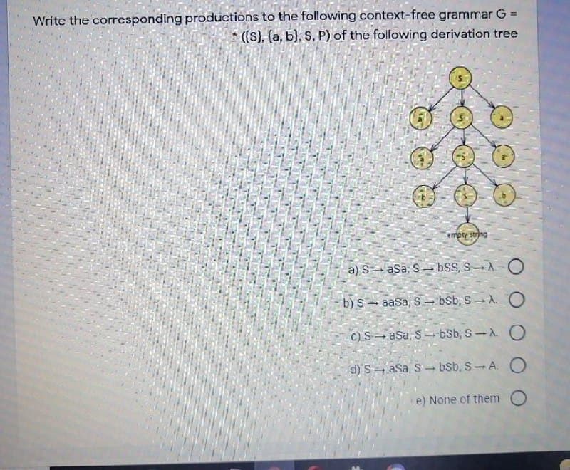 Write the corresponding productions to the following context-free grammar G =
* ((S), (a, b}, S, P) of the following derivation tree
empty string
a) S= aSa, S – bSS, S-A O
b) s aaSa, S bSb, SA. O
C)Sasa, s- bSb, S-A O
d)SaSa, S-bSb, S-A. O
e) None of them O
