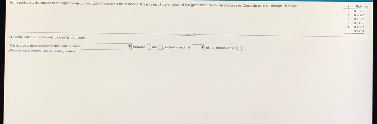 In the probability distribution to the right, the random variable X represents the number of hits a baseball player obtained in a game over the course of a season. Complete parts (a) through (f) below.
P(x) O
0.1666
1
0.3347
0.2857
3
0.1495
4
0.0383
5
0.0252
(a) Verify that this is a discrete probability distribution.
This is a discrete probability distribution because
v between and, inclusive, and the
v of the probabilities is.
(Type whole numbers. Use ascending order.)
