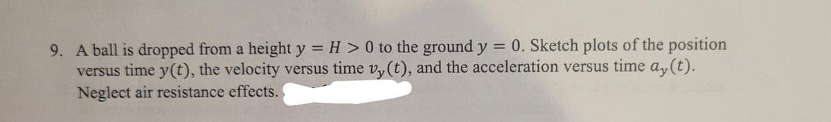 9. A ball is dropped from a height y = H > 0 to the ground y = 0. Sketch plots of the position
versus time y(t), the velocity versus time vy(t), and the acceleration versus time ay(t).
Neglect air resistance effects.