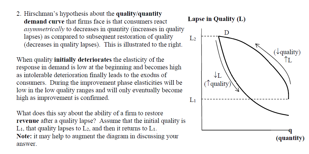 2. Hirschman's hypothesis about the quality/quantity
demand curve that firms face is that consumers react
Lapse in Quality (L)
asymmetrically to decreases in quantity (increases in quality
D
lapses) as compared to subsequent restoration of quality
L2
(decreases in quality lapses). This is illustrated to the right.
(\quality)
ÎL
When quality initially deteriorates the elasticity of the
response in demand is low at the beginning and becomes high
as intolerable deterioration finally leads to the exodus of
consumers. During the improvement phase elasticities will be
low in the low quality ranges and will only eventually become
high as improvement is confirmed.
|(↑quality)
L1
What does this say about the ability of a firm to restore
revenue after a quality lapse? Assume that the initial quality is
L1, that quality lapses to L2, and then it returns to L1.
Note: it may help to augment the diagram in discussing your
(quantity)
answer.
