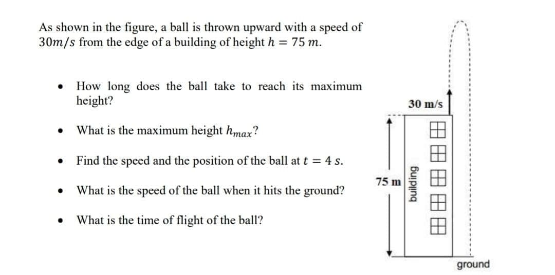 As shown in the figure, a ball is thrown upward with a speed of
30m/s from the edge of a building of height h = 75 m.
How long does the ball take to reach its maximum
height?
30 m/s
What is the maximum height hmax?
Find the speed and the position of the ball at t = 4 s.
75 m
What is the speed of the ball when it hits the ground?
What is the time of flight of the ball?
ground
building
