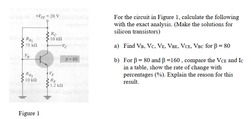 For the circuit in Figure 1, calculate the following
with the exact analysis. (Make the solutions for
silicon transistors)
hd +Vcc= 20 V
Rc
10 k2
75 k2
a) Find VB, Vc, VE, VBE, VCE, VBC for B= 80
VB
B = 80
b) For B= 80 and B =160 , compare the VCE and Ic
in a table, show the rate of change with
percentages (%). Explain the reason for this
result.
RB2
VE
10 k
RE
1.2 k2
Figure 1
