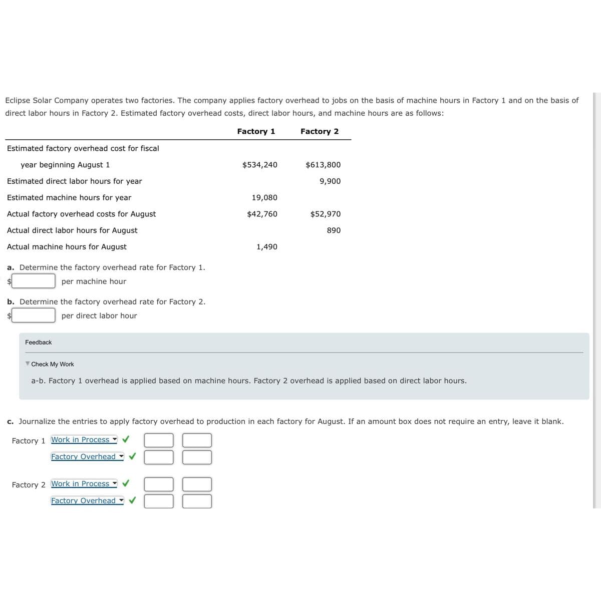 Eclipse Solar Company operates two factories. The company applies factory overhead to jobs on the basis of machine hours in Factory 1 and on the basis of
direct labor hours in Factory 2. Estimated factory overhead costs, direct labor hours, and machine hours are as follows:
Factory 1
Factory 2
Estimated factory overhead cost for fiscal
year beginning August 1
Estimated direct labor hours for year
Estimated machine hours for year
Actual factory overhead costs for August
Actual direct labor hours for August
Actual machine hours for August
a. Determine the factory overhead rate for Factory 1.
$
per machine hour
b. Determine the factory overhead rate for Factory 2.
per direct labor hour
Feedback
$534,240
19,080
$42,760
Factory 2 Work in Process
Factory Overhead
1,490
$613,800
9,900
$52,970
890
Check My Work
a-b. Factory 1 overhead is applied based on machine hours. Factory 2 overhead is applied based on direct labor hours.
c. Journalize the entries to apply factory overhead to production in each factory for August. If an amount box does not require an entry, leave it blank.
Factory 1 Work in Process
Factory Overhead ✓