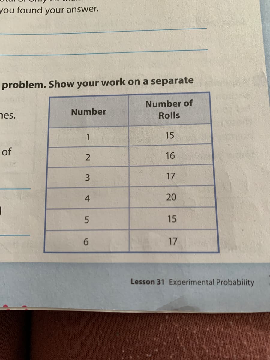 you found your answer.
problem. Show your work on a separate
Number of
nes.
Number
Rolls
15
of
2
16
3
17
4
20
15
6.
17
Lesson 31 Experimental Probability
