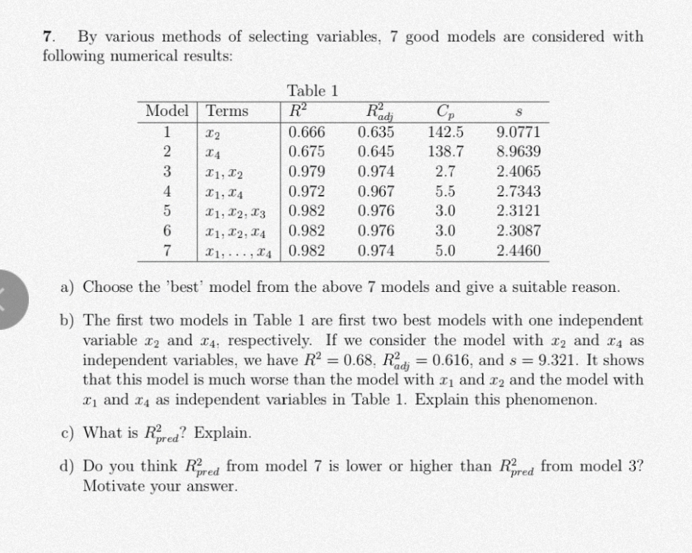 By various methods of selecting variables, 7 good models are considered with
following numerical results:
7.
Table 1
Model
Rad
Terms
R2
Cp
142.5
1
0.666
0.635
9.0771
X4
0.675
0.645
138.7
8.9639
3
X1, 12
0.979
0.974
2.7
2.4065
X1, X4
0.972
0.967
5.5
2.7343
X1, 12, 13
0.982
0.976
3.0
2.3121
X1, 12, 14
0.982
0.976
3.0
2.3087
X1,..., x4 0.982
0.974
5.0
2.4460
a) Choose the 'best' model from the above 7 models and give a suitable reason.
b) The first two models in Table 1 are first two best models with one independent
variable x2 and x4, respectively. If we consider the model with r2 and x4 as
independent variables, we have R2 = 0.68, R = 0.616, and s = 9.321. It shows
that this model is much worse than the model with r1 and r2 and the model with
x1 and x4 as independent variables in Table 1. Explain this phenomenon.
c) What is Rrea? Explain.
d) Do you think R2ed from model 7 is lower or higher than Rd from model 3?
Motivate your answer.
pred
