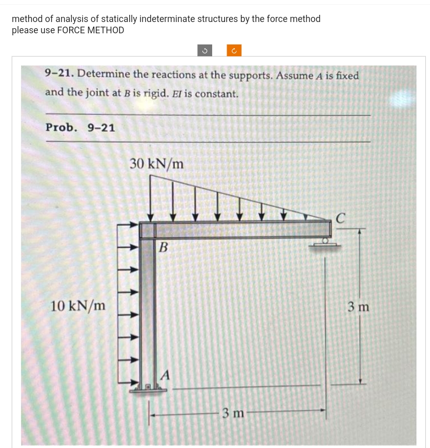 method of analysis of statically indeterminate structures by the force method
please use FORCE METHOD
9-21. Determine the reactions at the supports. Assume A is fixed
and the joint at B is rigid. EI is constant.
Prob. 9-21
10 kN/m
30 kN/m
B
O
A
3 m
C
3 m