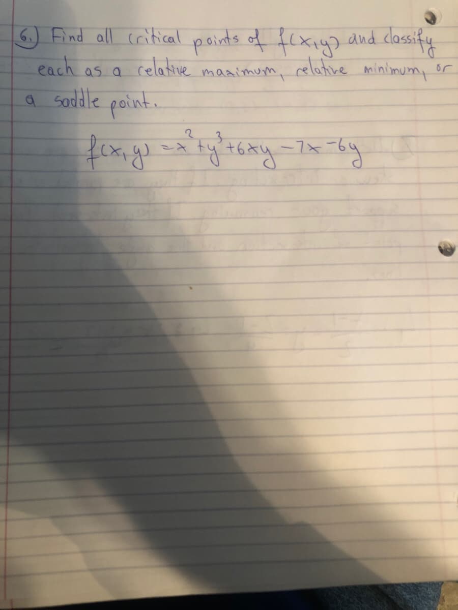 Find all critical psints of f(xiy> and dassify
each
as a relative maaimum, celatine minimum,
or
a soddle point.
ty t6
-7x
