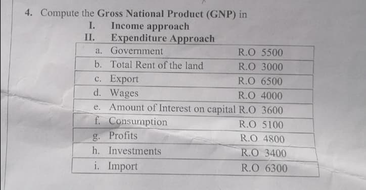 4. Compute the Gross National Product (GNP) in
I. Income approach
II. Expenditure Approach
a. Government
R.O 5500
b. Total Rent of the land
R.O 3000
c. Export
R.O 6500
d. Wages
R.O 4000
e. Amount of Interest on capital R.O 3600
f. Consumption
R.O 5100
g. Profits
R.O 4800
h. Investments
R.O 3400
i. Import
R.O 6300