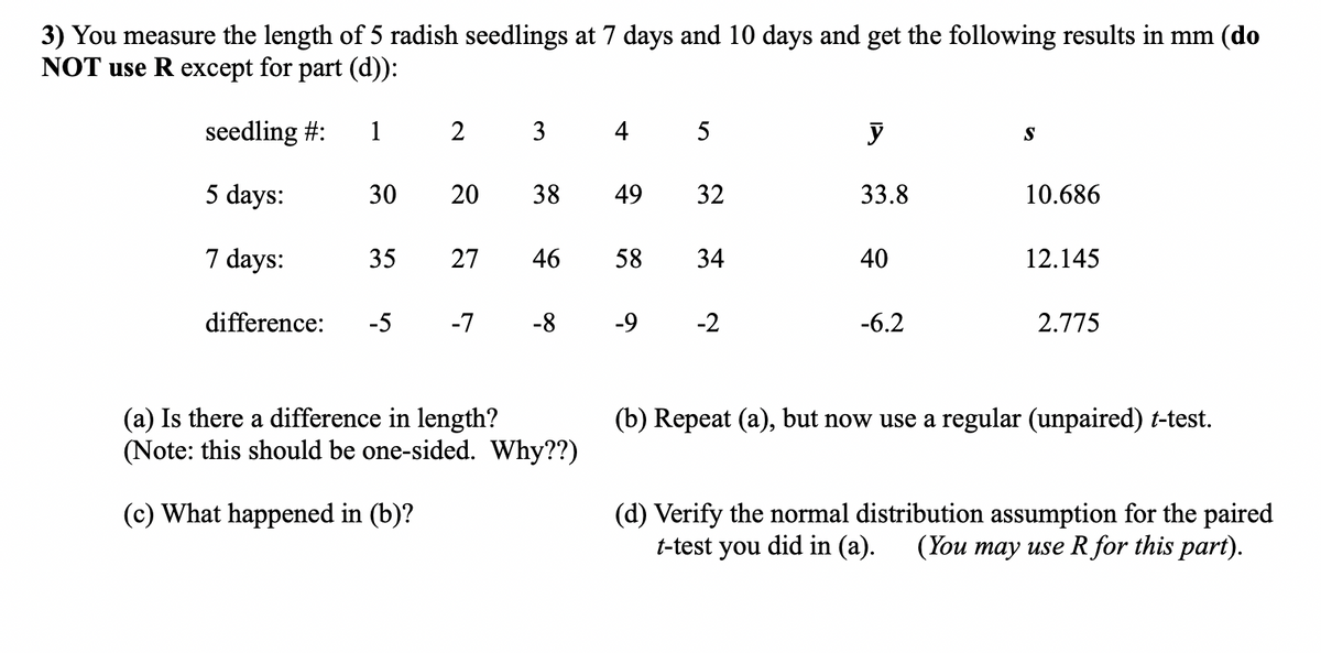 3) You measure the length of 5 radish seedlings at 7 days and 10 days and get the following results in mm (do
NOT use R except for part (d)):
seedling #:
1
2
3
4
S
5 days:
30
20
38
49
32
33.8
10.686
7 days:
35
27
46
58
34
40
12.145
difference:
-5
-7
-8
-9
-2
-6.2
2.775
(a) Is there a difference in length?
(Note: this should be one-sided. Why??)
(b) Repeat (a), but now use a regular (unpaired) t-test.
(c) What happened in (b)?
(d) Verify the normal distribution assumption for the paired
t-test you did in (a).
(You may use R for this part).
