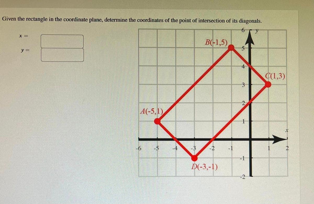 Given the rectangle in the coordinate plane, determine the coordinates of the point of intersection of its diagonals.
6 y
X =
y =
A(-5,1)
-6
-5
-4
-3
B(-1,5)
-2
D(-3,-1)
-1
4
3
2
1
-1
-2
C(1,3)
2