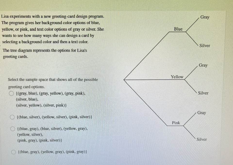 Lisa experiments with a new greeting-card design program.
The program gives her background color options of blue,
yellow, or pink, and text color options of gray or silver. She
wants to see how many ways she can design a card by
selecting a background color and then a text color.
The tree diagram represents the options for Lisa's
greeting cards.
Select the sample space that shows all of the possible
greeting card options.
O ((gray, blue), (gray, yellow), (gray, pink).
(silver, blue).
(silver, yellow), (silver, pink))
{(blue, silver), (yellow, silver), (pink, silver)}
[(blue, gray), (blue, silver), (yellow, gray),
(yellow, silver),
(pink, gray), (pink, silver)}
[(blue, gray). (yellow, gray), (pink, gray)}
Blue
Yellow
Pink
Gray
Silver
Gray
Silver
Gray
Silver