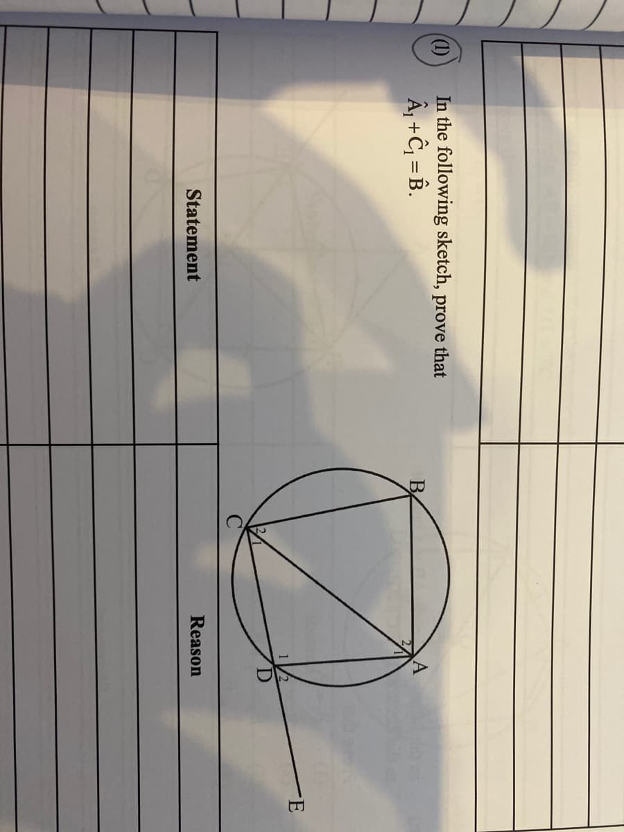 (1)
In the following sketch,
prove
that
Â, +Ĉ; = B.
E
Statement
Reason
