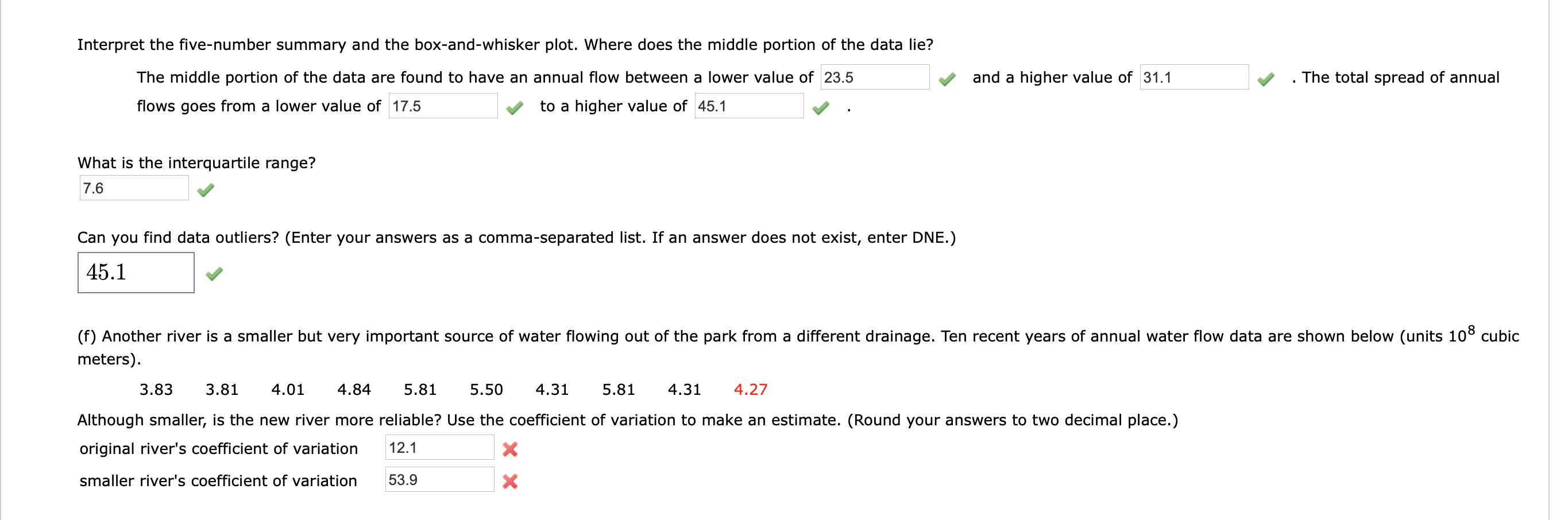 Interpret the five-number summary and the box-and-whisker plot. Where does the middle portion of the data lie?
and a higher value of 31.1
The middle portion of the data are found to have an annual flow between a lower value of 23.5
The total spread of annual
flows goes from a lower value of 17.5
to a higher value of 45.1
What is the interquartile range?
7.6
Can you find data outliers? (Enter your answers as a comma-separated list. If an answer does not exist, enter DNE.)
45.1
(f) Another river is a smaller but very important source of water flowing out of the park from a different drainage. Ten recent years of annual water flow data are shown below (units 108 cubic
meters).
3.83
3.81
4.01
4.84
5.81
5.50
4.31
4.31
4.27
5.81
Although smaller, is the new river more reliable? Use the coefficient of variation to make an estimate. (Round your answers to two decimal place.)
12.1
original river's coefficient of variation
53.9
smaller river's coefficient of variation
