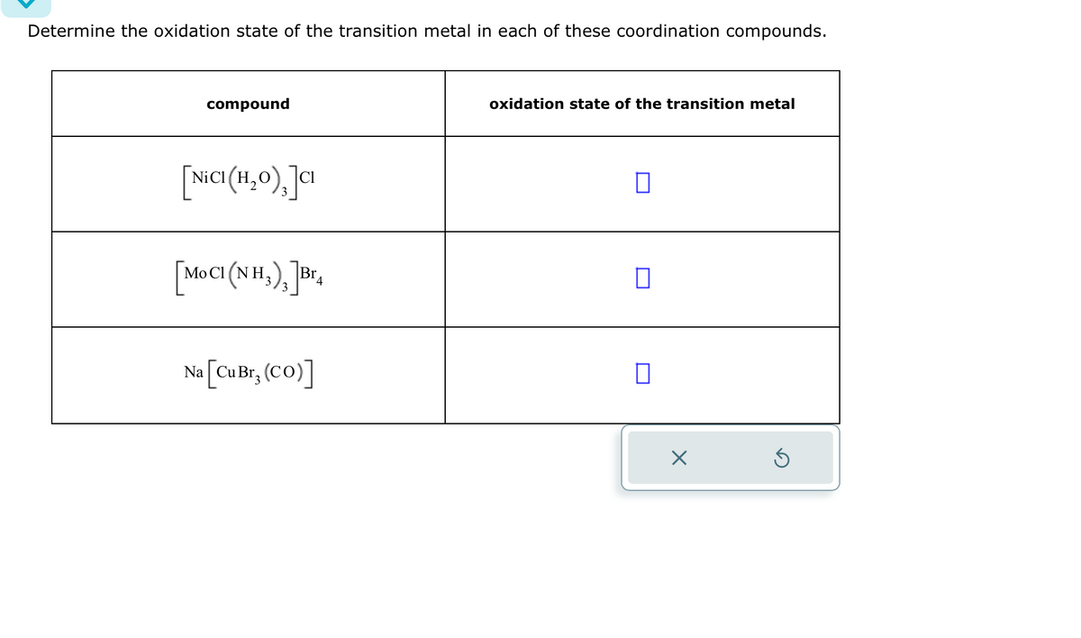 Determine the oxidation state of the transition metal in each of these coordination compounds.
compound
[NICI (H₂O),]CI
[MOCI(NH₂), ]
Br
Na [Cu Br, (CO)]
oxidation state of the transition metal
0
7
7
X
Ś