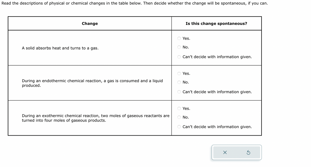 Read the descriptions of physical or chemical changes in the table below. Then decide whether the change will be spontaneous, if you can.
Change
A solid absorbs heat and turns to a gas.
During an endothermic chemical reaction, a gas is consumed and a liquid
produced.
During an exothermic chemical reaction, two moles of gaseous reactants are
turned into four moles of gaseous products.
OO
O
Is this change spontaneous?
Yes.
No.
Can't decide with information given.
Yes.
No.
Can't decide with information given.
Yes.
No.
Can't decide with information given.
X
5