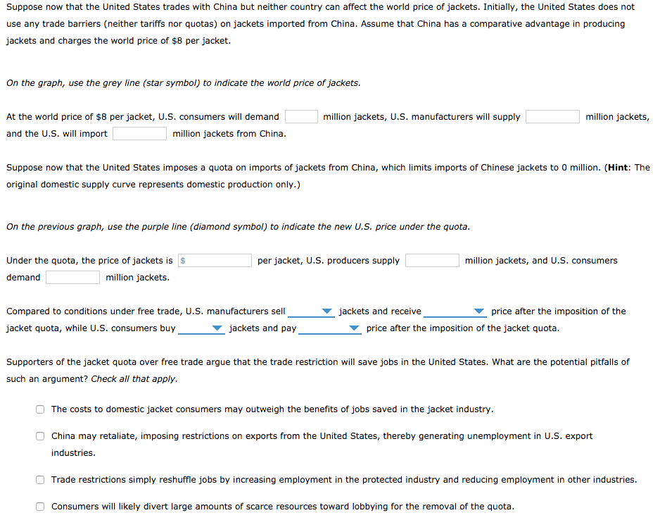 Suppose now that the United States trades with China but neither country can affect the world price of jackets. Initially, the United States does not
use any trade barriers (neither tariffs nor quotas) on jackets imported from China. Assume that China has a comparative advantage in producing
jackets and charges the world price of $8 per jacket.
On the graph, use the grey line (star symbol) to indicate the world price of jackets.
At the world price of $8 per jacket, U.S. consumers will demand
and the U.S. will import
million jackets from China.
million jackets, U.S. manufacturers will supply
Suppose now that the United States imposes a quota on imports of jackets from China, which limits imports of Chinese jackets to 0 million. (Hint: The
original domestic supply curve represents domestic production only.)
On the previous graph, use the purple line (diamond symbol) to indicate the new U.S. price under the quota.
Under the quota, the price of jackets is $
demand
million jackets.
per jacket, U.S. producers supply
Compared to conditions under free trade, U.S. manufacturers sell
jacket quota, while U.S. consumers buy
jackets and pay
jackets and receive
million jackets,
million jackets, and U.S. consumers
price after the imposition of the
price after the imposition of the jacket quota.
Supporters of the jacket quota over free trade argue that the trade restriction will save jobs in the United States. What are the potential pitfalls of
such an argument? Check all that apply.
The costs to domestic jacket consumers may outweigh the benefits of jobs saved in the jacket industry.
China may retaliate, imposing restrictions on exports from the United States, thereby generating unemployment in U.S. export
industries.
Trade restrictions simply reshuffle jobs by increasing employment in the protected industry and reducing employment in other industries.
Consumers will likely divert large amounts of scarce resources toward lobbying for the removal of the quota.