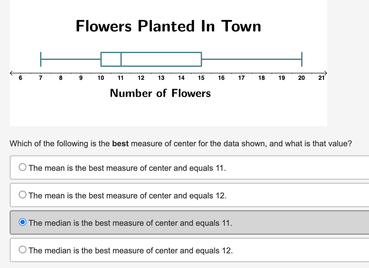 7
8
Flowers Planted In Town
10
11
12 13
Number of Flowers
14
15
16
O The mean is the best measure of center and equals 11.
Which of the following is the best measure of center for the data shown, and what is that value?
O The mean is the best measure of center and equals 12.
O The median is the best measure of center and equals 11.
17 18 19 20
The median is the best measure of center and equals 12.
21