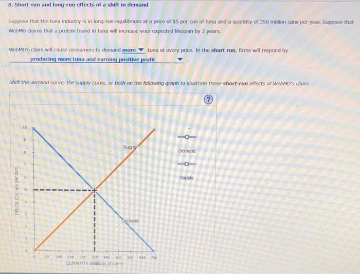 8. Short-run and long run effects of a shift in demand
Suppose that the tuna industry is in long-run equilibrium at a price of $5 per can of tuna and a quantity of 350 million cans per year. Suppose that
WebMD daims that a protein found in tuna will increase your expected lifespan by 2 years.
WebMD's claim will cause consumers to demand more
PRICE (Dollars per cani
producing more tuna and earning positive profit
Shift the demand curve, the supply curve, or both on the following graph to illustrate these short-run effects of WebMD's claim.
?
0
tuna at every price. In the short run, firms will respond by
Supply
Demand
70 140 210 200 350 420 400 560 630 700
QUANTITY (Millions of cans)
Demand
-0
Supply