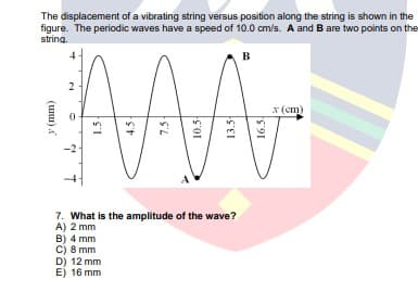 The displacement of a vibrating string versus position along the string is shown in the
figure. The periodic waves have a speed of 10.0 cm/s. A and B are two points on the
string.
B
x (cm)
-2
7. What is the amplitude of the wave?
A) 2 mm
B) 4 mm
C) 8 mm
D) 12 mm
Ej 16 mm
(uu) A
2.
1.5-
4.3-
7.5-
10.5
13,5
16.5.
