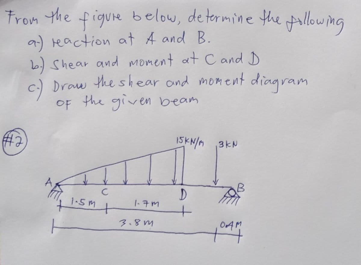 From the figure below, determine the Aallowmg
a) reaction at A and B.
6)Shear and moment at C and D
c) Draw the shear ond moment diagram
OF the given beam
ISKN/M 3KN
1-5M
1-7M
3.8M
OAM
