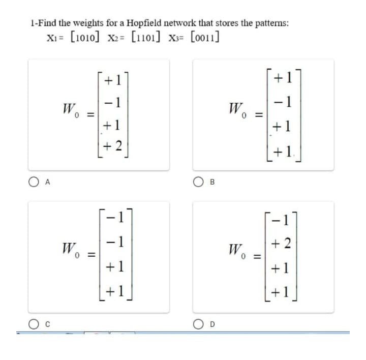 1-Find the weights for a Hopfield network that stores the patterns:
Xi = [1010] x2= [1101] X3= [0011]
+1
+1
-1
W.
W.
+1
+1
+ 2
+1
A
B
-1
+ 2
W.
W
0 =
+1
0 =
+1
+1
+1
O D
II
