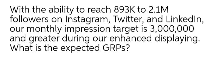 With the ability to reach 893K to 2.1M
followers on Instagram, Twitter, and LinkedIn,
our monthly impression target is 3,000,000
and greater during our enhanced displaying.
What is the expected GRPS?
