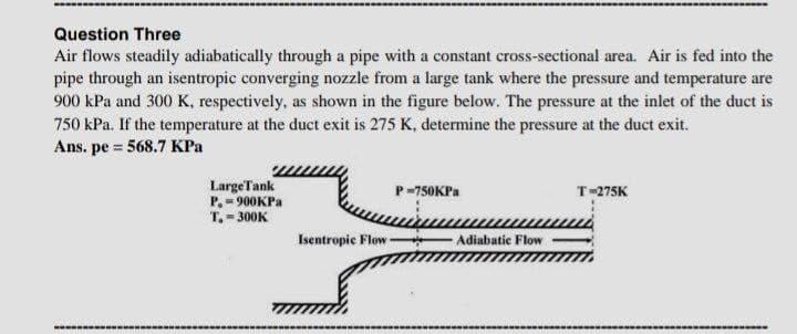 Question Three
Air flows steadily adiabatically through a pipe with a constant cross-sectional area. Air is fed into the
pipe through an isentropic converging nozzle from a large tank where the pressure and temperature are
900 kPa and 300 K, respectively, as shown in the figure below. The pressure at the inlet of the duct is
750 kPa. If the temperature at the duct exit is 275 K, determine the pressure at the duct exit.
Ans. pe = 568.7 KPa
LargeTank
P. = 900KPA
T. - 300K
P-750KPA
T=275K
Isentropie Flow
Adiabatic Flow
www
