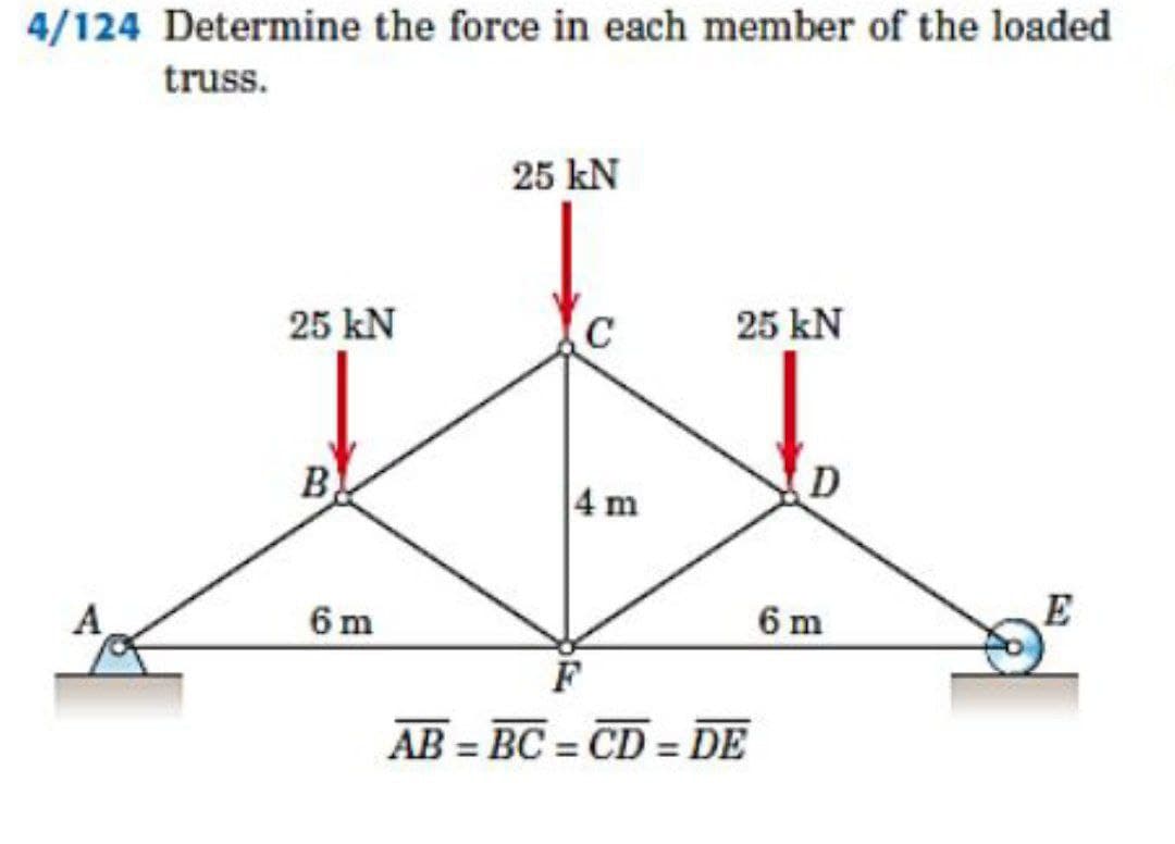 4/124 Determine the force in each member of the loaded
truss.
25 kN
25 kN
25 kN
B
D
4 m
A
6 m
6 m
E
AB = BC = CD = DE
%3D
%3D
%3D
