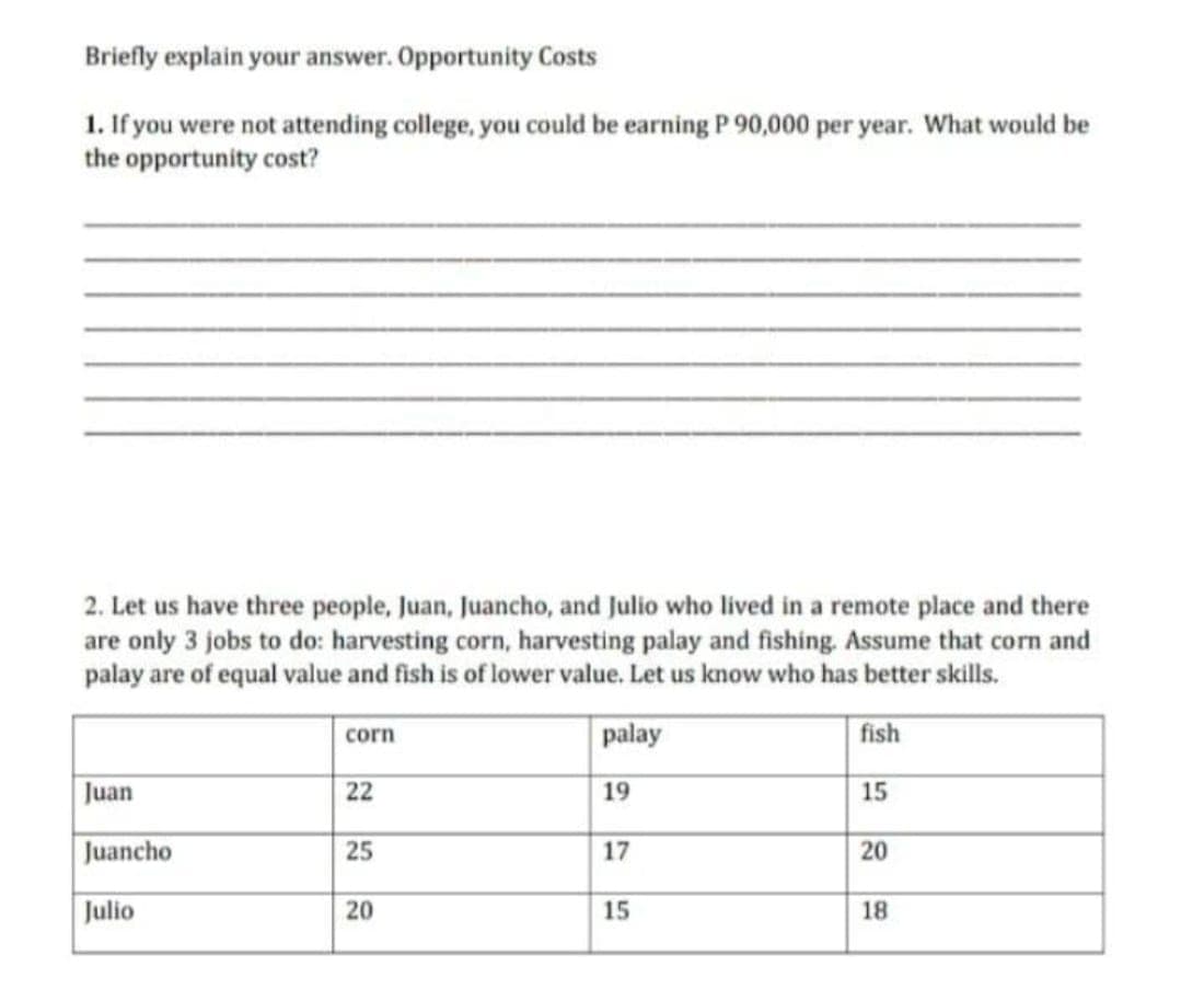 Briefly explain your answer. Opportunity Costs
1. If you were not attending college, you could be earning P 90,000 per year. What would be
the opportunity cost?
2. Let us have three people, Juan, Juancho, and Julio who lived in a remote place and there
are only 3 jobs to do: harvesting corn, harvesting palay and fishing. Assume that corn and
palay are of equal value and fish is of lower value. Let us know who has better skills.
palay
fish
corn
Juan
22
19
15
Juancho
25
17
20
Julio
20
15
18
