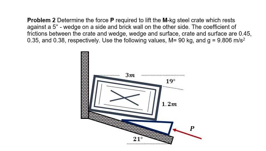 Problem 2 Determine the force P required to lift the M-kg steel crate which rests
against a 5° - wedge on a side and brick wall on the other side. The coefficient of
frictions between the crate and wedge, wedge and surface, crate and surface are 0.45,
0.35, and 0.38, respectively. Use the following values, M= 90 kg, and g = 9.806 m/s?
Зт
19°
1.2m
21°
