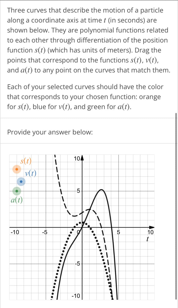 Three curves that describe the motion of a particle
along a coordinate axis at time t (in seconds) are
shown below. They are polynomial functions related
to each other through differentiation of the position
function s(t) (which has units of meters). Drag the
points that correspond to the functions s(t), v(t),
and a(t) to any point on the curves that match them.
Each of your selected curves should have the color
that corresponds to your chosen function: orange
for s(t), blue for v(t), and green for a(t).
Provide your answer below:
__s(t)
a(t)
-10
v(t)
-5
T
104
-5
-10
5
10
t