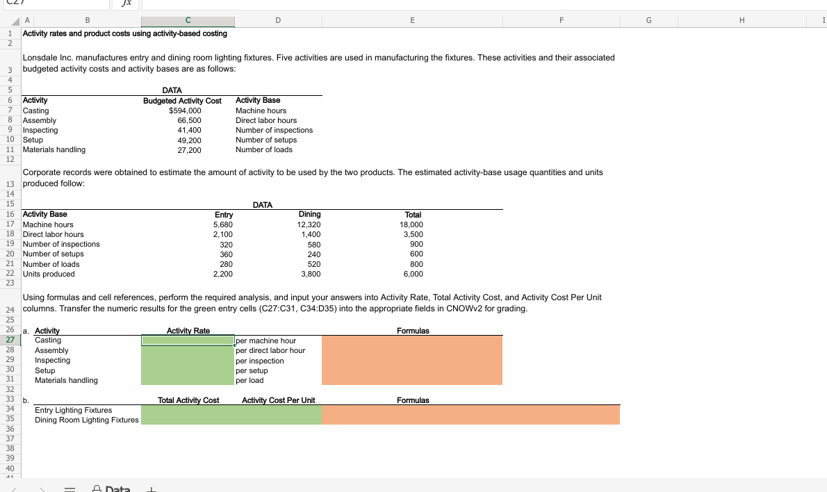 A
B
D
F
G
H
Activity rates and product costs using activity-based costing
2.
Lonsdale Inc. manufactures entry and dining room lighting fixtures. Five activities are used in manufacturing the fixtures. These activities and their associated
3 budgeted activity costs and activity bases are as follows:
4
6 Activity
Casting
DATA
Budgeted Activity Cost Activity Base
$594,000
Machine hours
Direct labor hours
Number of inspections
Number of setups
8
Assembly
66,500
9
Inspecting
41,400
10 Setup
11 Materials handling
49,200
27,200
Number of loads
12
Corporate records were obtained to estimate the amount of activity to be used by the two products. The estimated activity-base usage quantities and units
13 produced follow:
14
15
DATA
16 Activity Base
Entry
Dining
Total
17 Machine hours
5,680
12,320
18,000
18 Direct labor hours
19 Number of inspections
20 Number of setups
21 Number of loads
22 Units produced
2,100
1,400
3,500
320
580
900
360
240
600
280
520
800
2,200
3,800
6,000
23
Using formulas and cell references, perform the required analysis, and input your answers into Activity Rate, Total Activity Cost, and Activity Cost Per Unit
24 columns. Transfer the numeric results for the green entry cells (C27:C31, C34:D35) into the appropriate fields in CNOWV2 for grading.
25
Activity Rate
26 la. Activity
Casting
Assembly
Inspecting
Setup
Materials handling
Formulas
27
Iper machine hour
per direct labor hour
28
29
per inspection
per setup
per load
30
31
32
33 b.
Total Activity Cost
Activity Cost Per Unit
Formulas
34
Entry Lighting Fixtures
Dining Room Lighting Fixtures
35
36
37
38
39
40
A1
A Data
