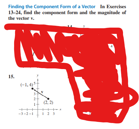 Finding the Component Form of a Vector In Exercises
13-24, find the component form and the magnitude of
the vector v.
70X
15.
(-1,4)5
3
نیا نا
2
1+
-
+++
-3-2-1
(2, 2)
+++*
1 2 3