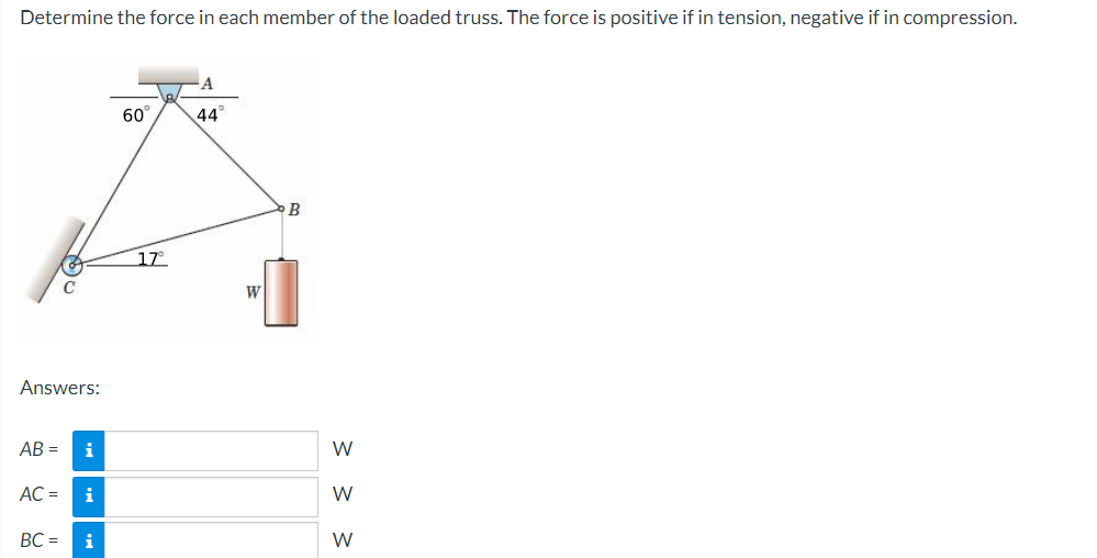 Determine the force in each member of the loaded truss. The force is positive if in tension, negative if in compression.
Answers:
AB=
i
AC = i
BC = i
60
17°
A
44
W
B
W
W
W