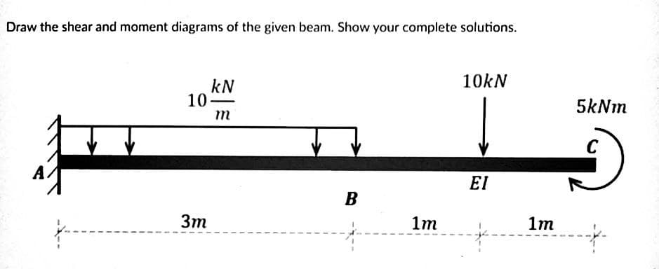 Draw the shear and moment diagrams of the given beam. Show your complete solutions.
10kN
kN
10-
m
5kNim
C
EI
Зт
1m
1m
