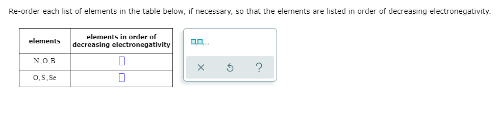 Re-order each list of elements in the table below, if necessary, so that the elements are listed in order of decreasing electronegativity.
elements in order of
elements
decreasing electronegativity
N,0,B
0,S, Se
