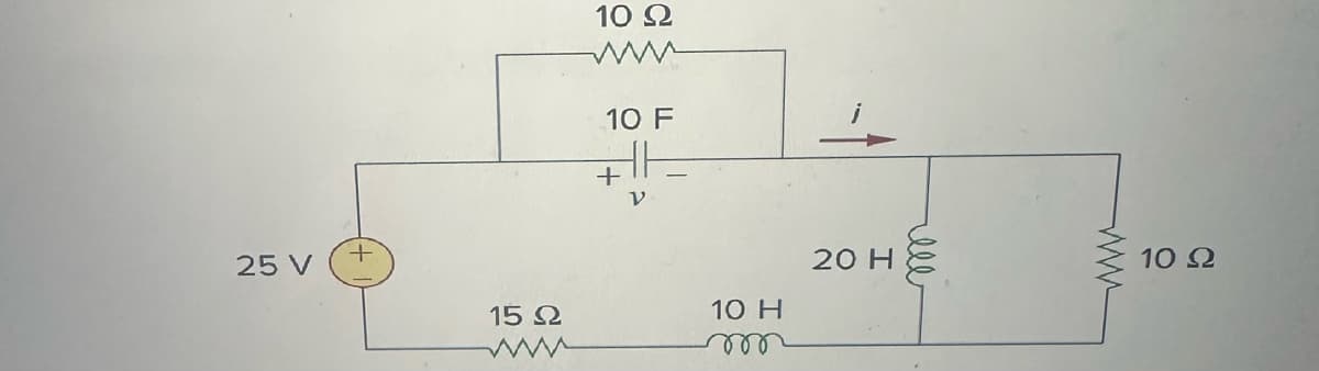 ### Series-Parallel RLC Circuit Example

In this circuit diagram, we have a combination of resistors, an inductor, and a capacitor connected in a series-parallel configuration. Here is the detailed breakdown of the components and their connections:

- **Voltage Source**
  - **25 V**: This represents a 25-volt DC voltage source. It's depicted as a circle with "+" and "-" signs indicating polarity.

- **Resistors**
  - **15 Ω (Ohms)**: This resistor is connected directly in series with the voltage source.
  - **10 Ω (Ohms)**: There are two 10 Ω resistors in the circuit. One 10 Ω resistor is in parallel with a capacitor (10 F), and another 10 Ω resistor is connected in series after the inductor (20 H).

- **Capacitor**
  - **10 F (Farads)**: This capacitor is connected in parallel with the first 10 Ω resistor.

- **Inductor**
  - **10 H (Henrys)**: This inductor is connected in series after the first 15 Ω resistor.
  - **20 H (Henrys)**: This inductor is connected in series with the second 10 Ω resistor.

- **Current Direction**
  - The current \( i \) flows in the circuit as indicated by the arrow.

### Circuit Connections:
1. The 25 V source is connected in series with a 15 Ω resistor.
2. After the 15 Ω resistor, a 10 H inductor is connected in series.
3. Following the inductor, a 20 H inductor and a 10 Ω resistor are connected in series.
4. In parallel with the voltage source is a branch containing a 10 Ω resistor and a 10 F capacitor in parallel with each other.

### Analysis Considerations:
- **Series Components**: The total impedance in the series can be calculated by summing the individual impedances of the resistors and inductors connected in series.
- **Parallel Components**: The equivalent impedance of the parallel capacitor and resistor combination should be calculated to understand how they affect the overall circuit behavior.
- **Current and Voltage Relationships**: Using Kirchhoff's Voltage Law (KVL) and Kirchhoff's Current Law (KCL), you can analyze the circuit to find the current \( i \) and voltage drops across each component.

Understanding this configuration is a fundamental step in learning more complex electrical circuit analysis and